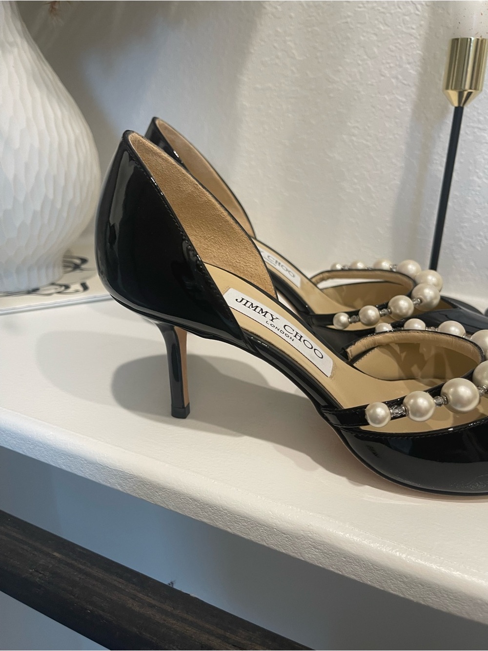 Jimmy Choo Black Patent Leather Pearl-Strap Pointed Slingback Heels - Picture 10 of 11